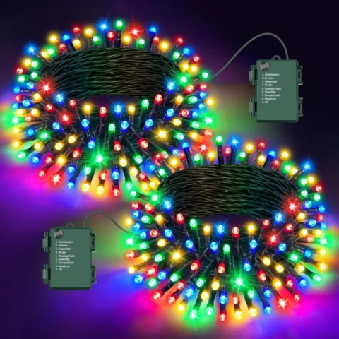 Two 5 m battery fairy light strings, 100 multicolour LEDs, timer