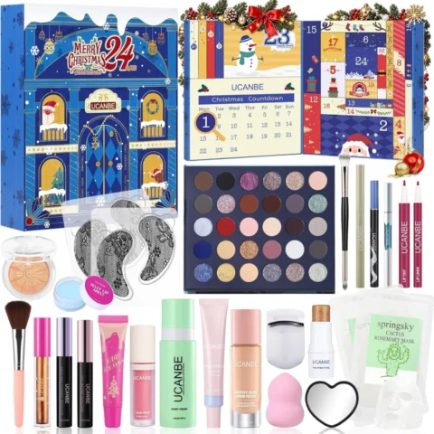 UCANBE 2026 makeup advent calendar, primer, lip oil, lash curler