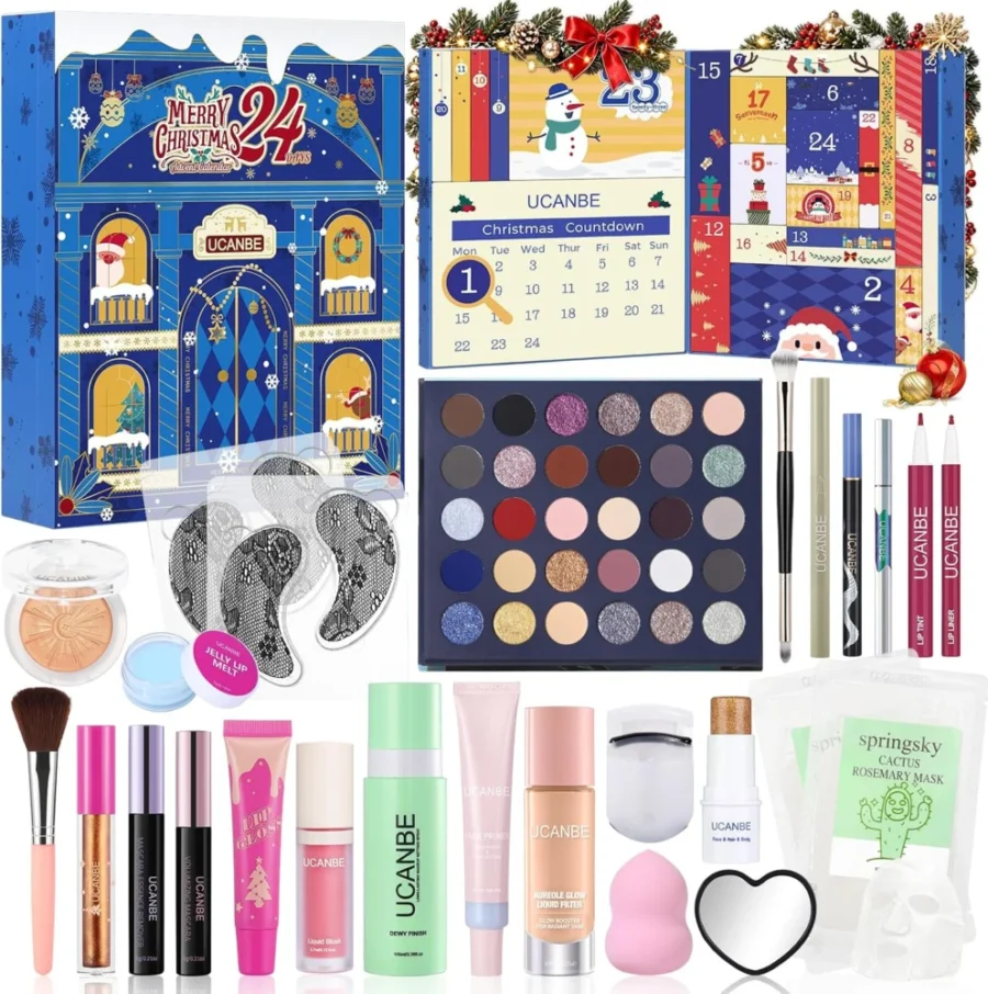 UCANBE 2026 makeup advent calendar, primer, lip oil, lash curler