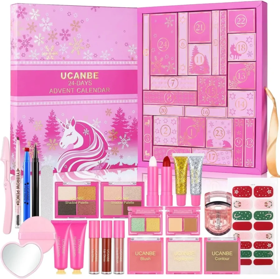 UCANBE 24-piece makeup advent calendar, liquid blush and sponge
