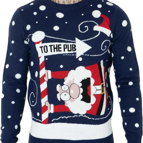 Unisex knitted Santa to the pub Christmas jumper, UK sizes S to XXL