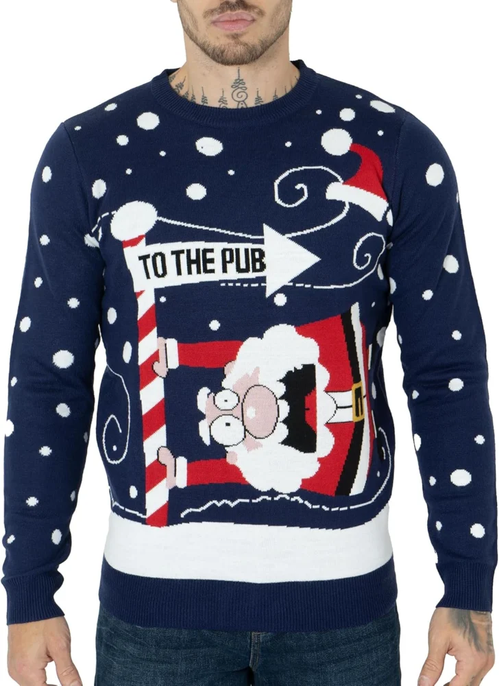 Unisex knitted Santa to the pub Christmas jumper, UK sizes S to XXL