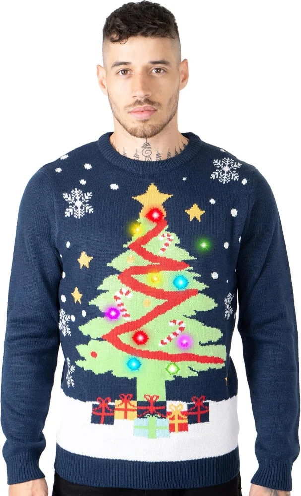 Unisex LED Christmas jumper, lit trees, elves and Santa, S to XXL