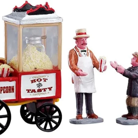 Village popcorn vendor set, 4 resin pieces, tallest 6.9 cm