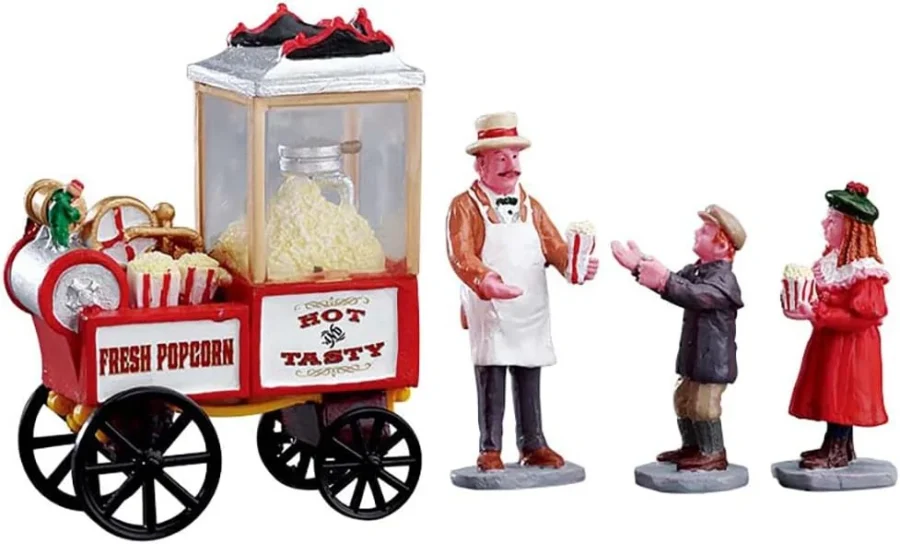 Village popcorn vendor set, 4 resin pieces, tallest 6.9 cm