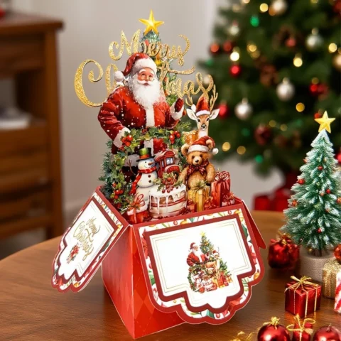 Vintage 4-layer paper Christmas card with Santa, reindeer and tree