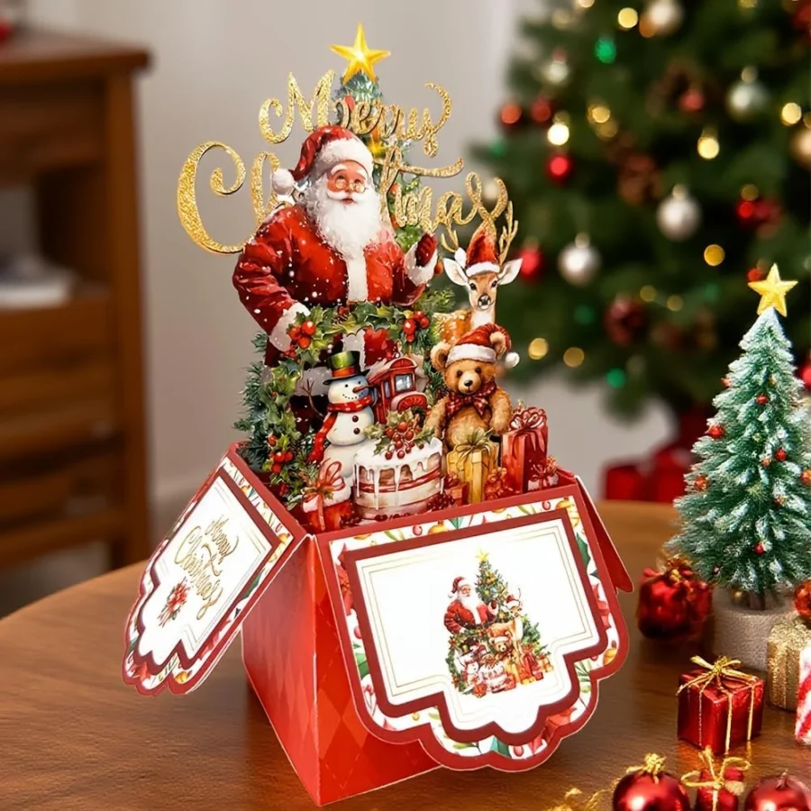 Vintage 4-layer paper Christmas card with Santa, reindeer and tree