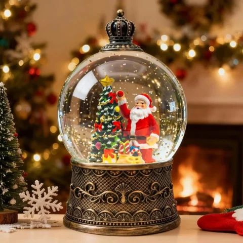 Vintage-style Santa snow globe lantern with music, glitter and timer