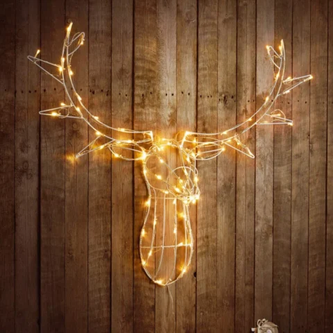 Wall-hanging light-up stag head, 85 cm, 80 warm white LEDs, 10 m lead