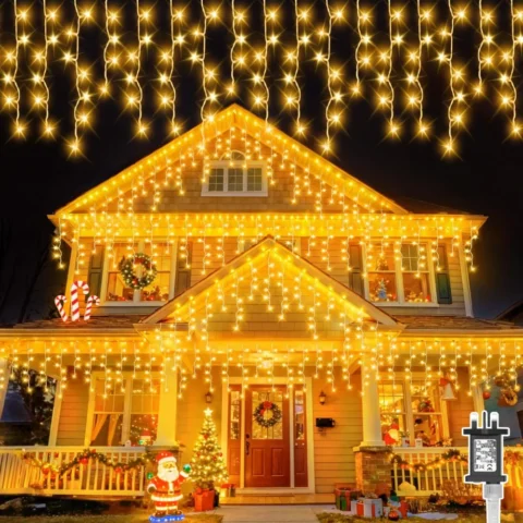 Warm white icicle lights, 20 m, 480 LEDs, 96 drops, mains, timer
