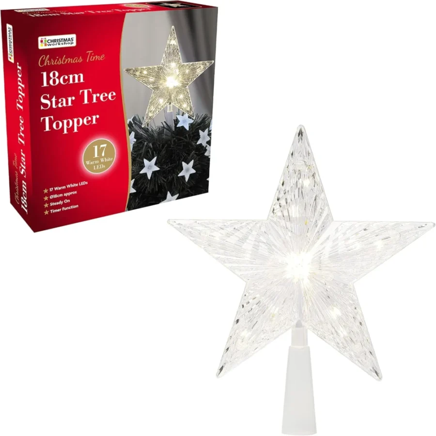 Warm white LED star tree topper, 17 LEDs, 6-hour timer, 18 cm