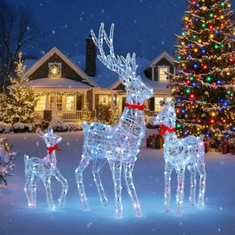 White 3-piece LED reindeer family, 210 RGB LEDs, remote control