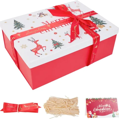 White and green Christmas gift box with lid and crinkle paper