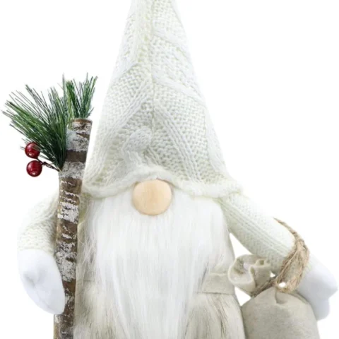 White plush Santa gonk with a branch and a bag, 31 cm tall