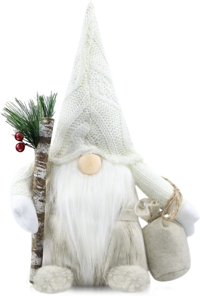 White plush Santa gonk with a branch and a bag, 31 cm tall