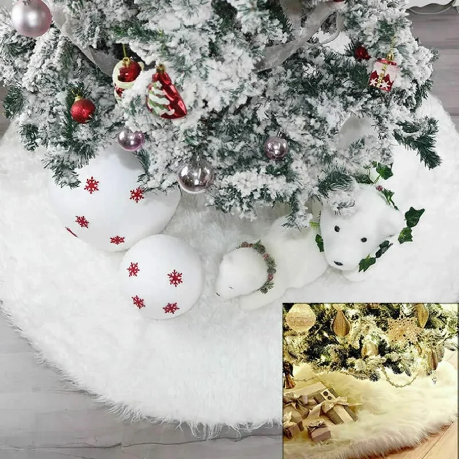 White plush tree skirt with snowflake pattern, double layer, 78 cm