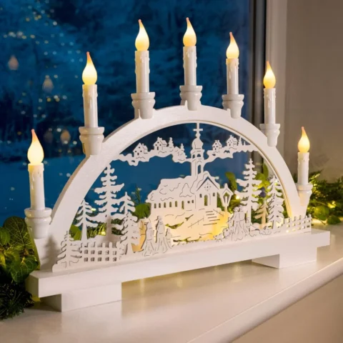 White wooden candle bridge with 7 LED candles and village scene