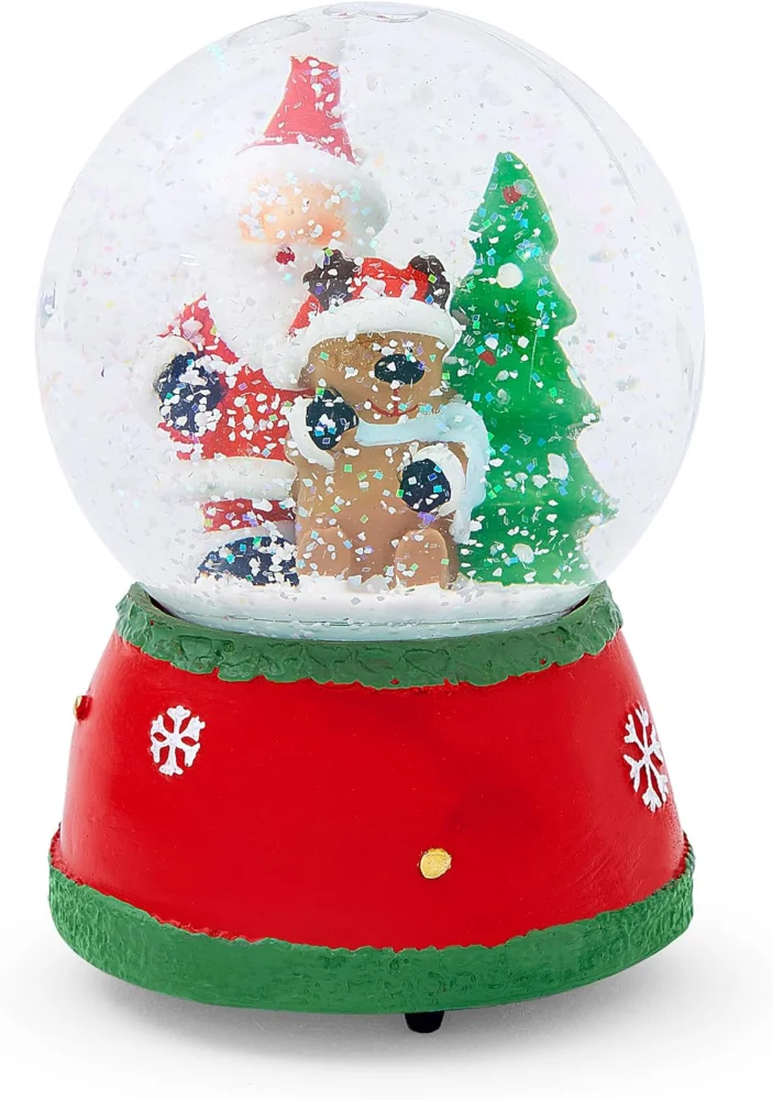 Wind-up musical glass snow globe with Santa and Rudolph, 14 cm