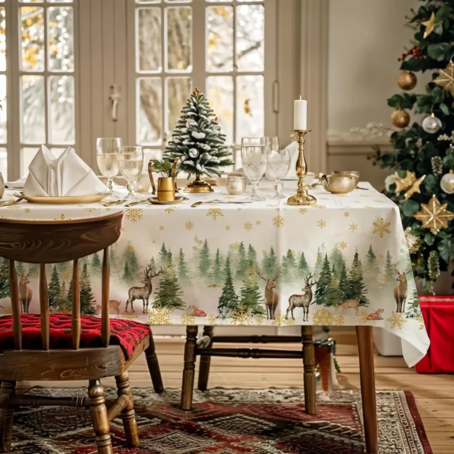 Winter forest and deer Christmas tablecloth, 142 x 213 cm