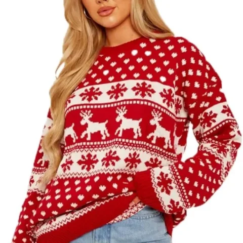 Women’s chunky knit Rudolph pom pom Christmas jumper, sizes 8 to 22