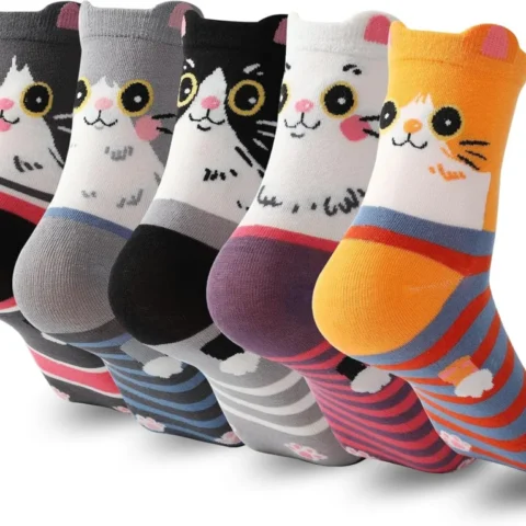 Women’s crew socks with cat and dog patterns in soft cotton