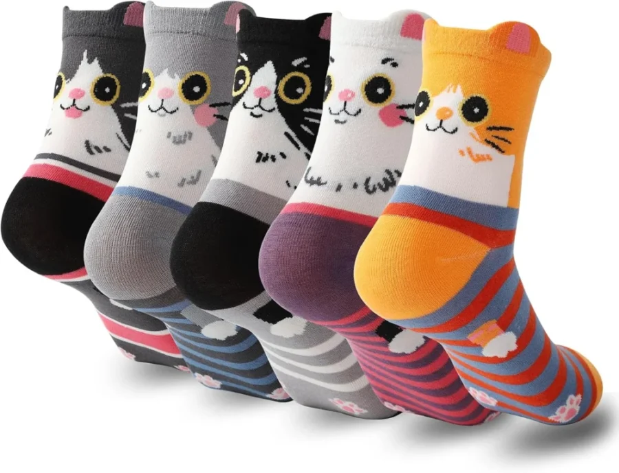 Women’s crew socks with cat and dog patterns in soft cotton