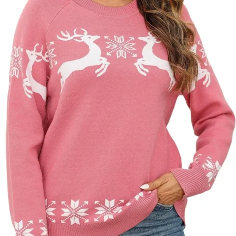 Women’s crewneck knit jumper with Christmas reindeer, long sleeves