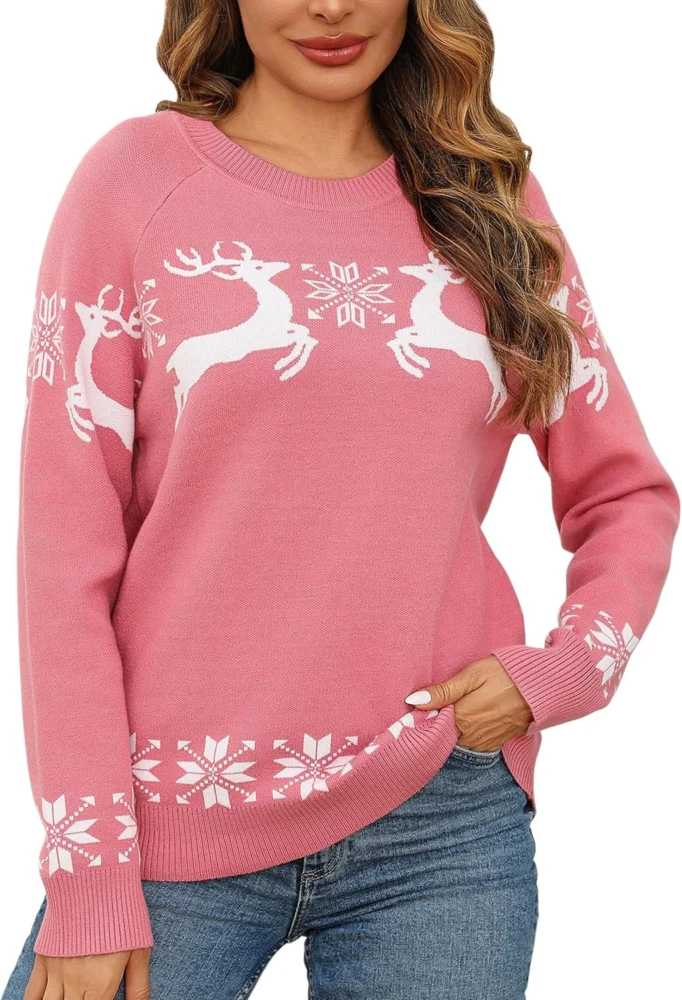 Women’s crewneck knit jumper with Christmas reindeer, long sleeves