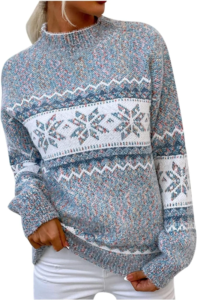 Women’s Fair Isle snowflake jumper, mock neck, chunky cable knit