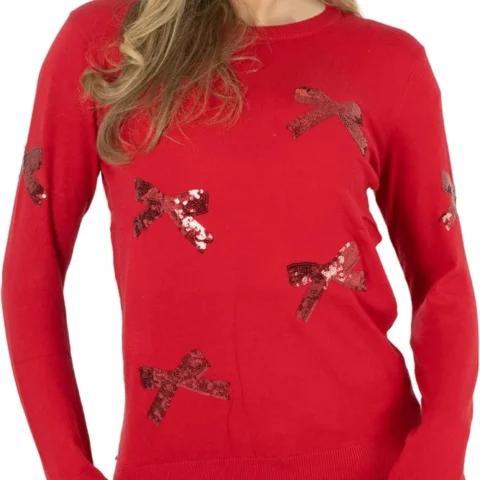 Women’s knitted Christmas jumper with sequin slogan and bow design