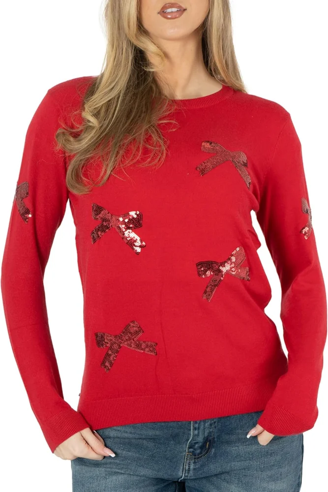 Women’s knitted Christmas jumper with sequin slogan and bow design