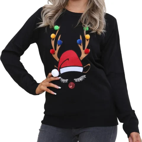 Women’s knitted elf Christmas jumper, ribbed crew neck, UK 8 to 18