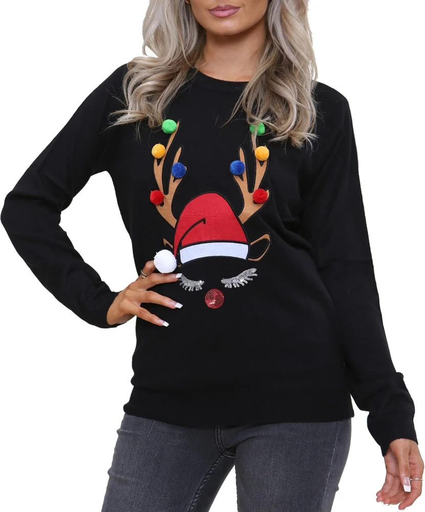 Women’s knitted elf Christmas jumper, ribbed crew neck, UK 8 to 18