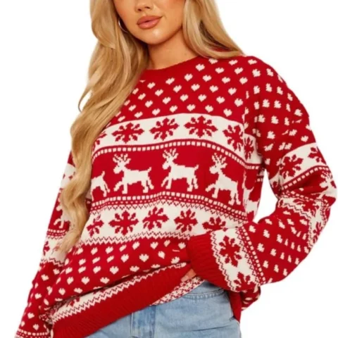 Women’s knitted reindeer snowflake tunic jumper, crew neck