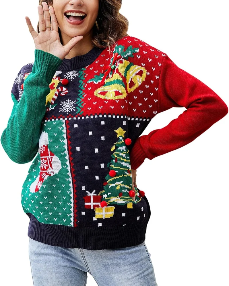 Women’s knitted ugly Christmas jumper, crew neck, long sleeves