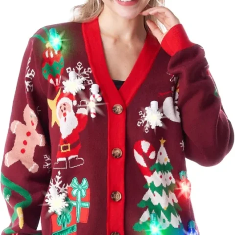 Women’s light-up V-neck Christmas cardigan, ugly knitwear style