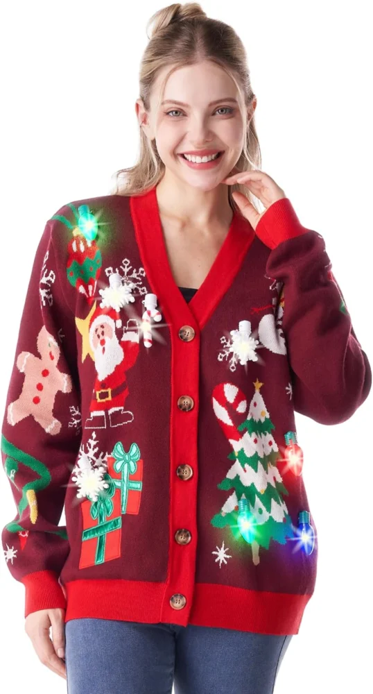 Women’s light-up V-neck Christmas cardigan, ugly knitwear style