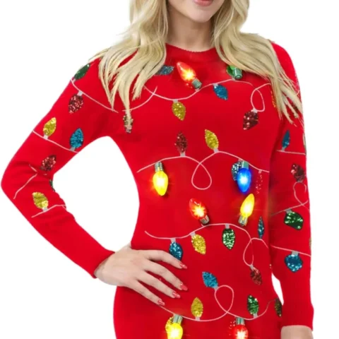 Women’s long Christmas jumper dress with colourful light-up bulbs