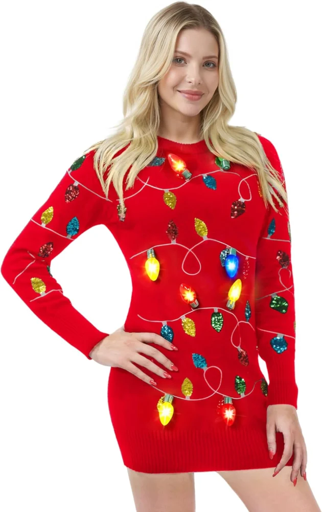 Women’s long Christmas jumper dress with colourful light-up bulbs
