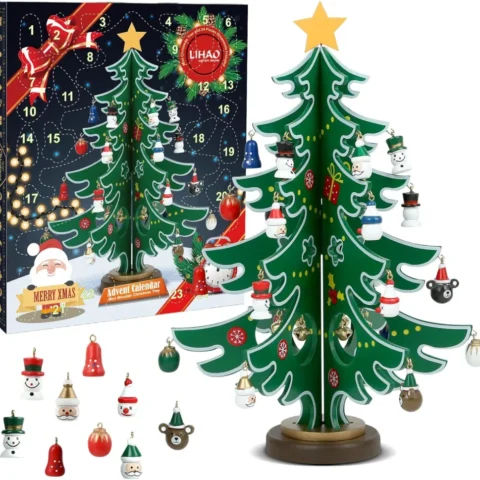 Wooden Christmas tree advent calendar with 24 hanging decorations