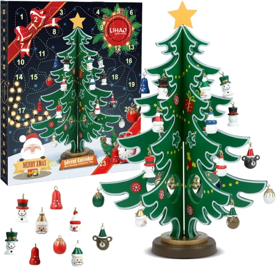 Wooden Christmas tree advent calendar with 24 hanging decorations