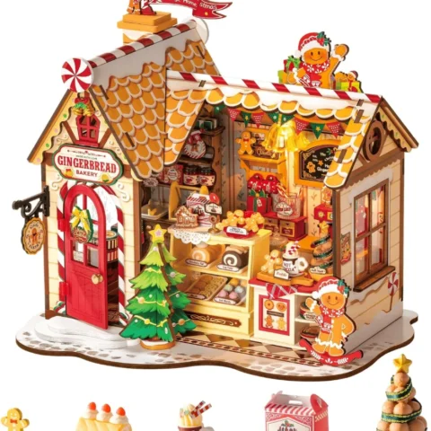 Wooden gingerbread dollhouse kit with night light, 1:24 scale