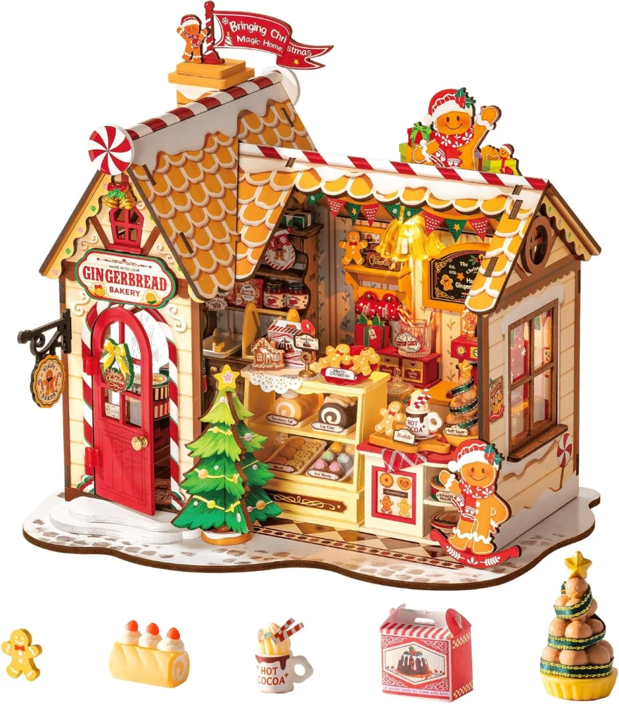 Wooden gingerbread dollhouse kit with night light, 1:24 scale