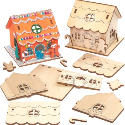 Wooden gingerbread house tealight holders to decorate, pack of 3
