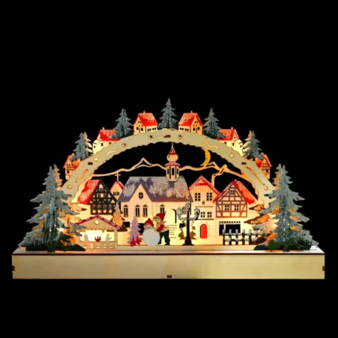 Wooden light-up bridge ornament, snowball village scene, white
