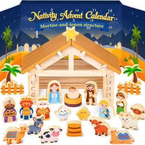 Wooden nativity advent calendar with 24 pieces to build