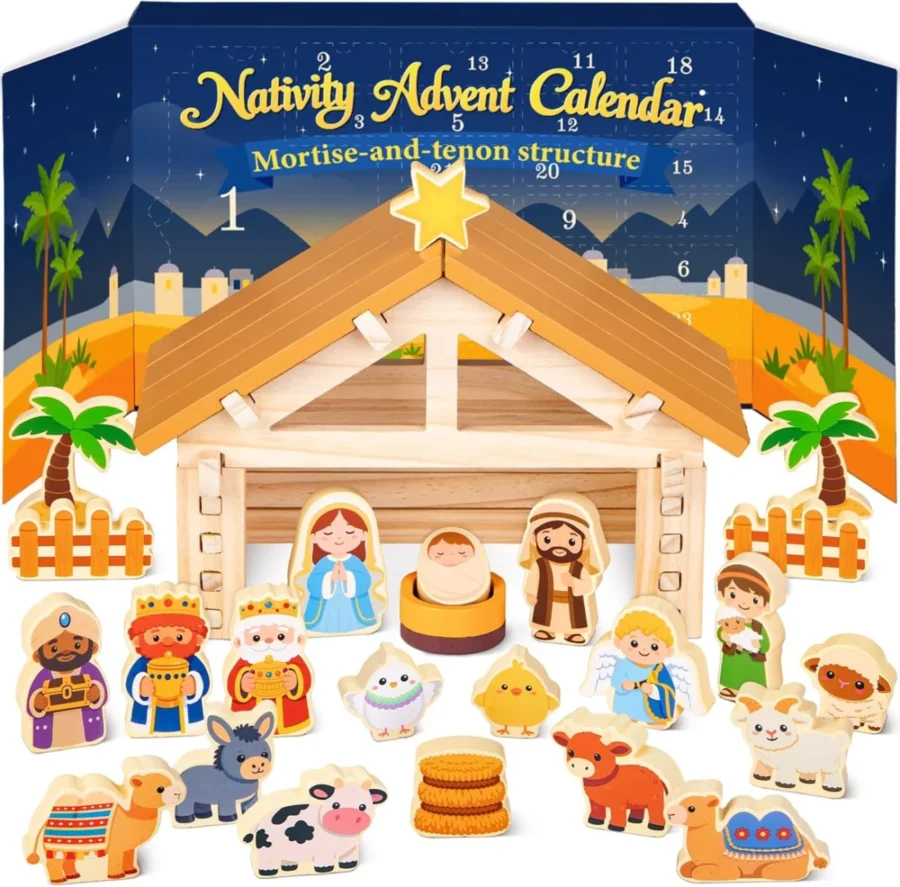 Wooden nativity advent calendar with 24 pieces to build