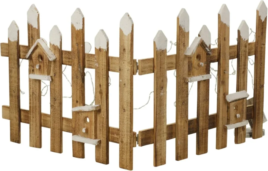 Wooden picket fence tree skirt with 30 LEDs, set of 2, brown