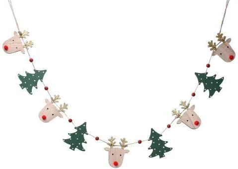 Wooden string garland with deer heads and trees, 123 cm, red noses