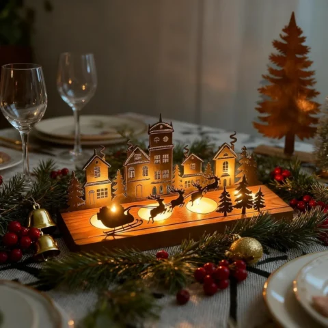 Wooden tray Advent tea light holder with metal reindeer and tree